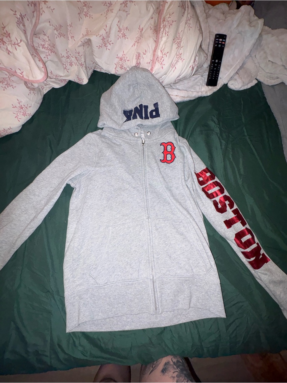 5th & Ocean Gray Hooded Zip-Up Jacket with Red Boston Sleeve Lettering